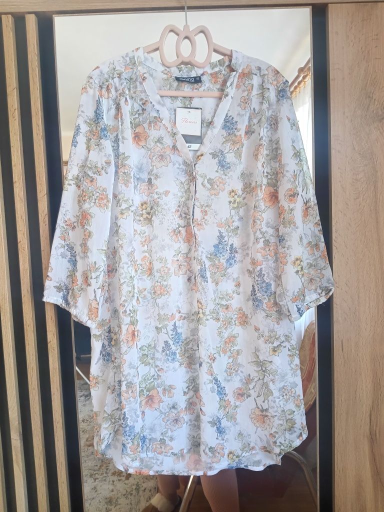 Zwiewna koszula plus size w kwiaty 42 xl baby blue 34 rękaw tunika blu