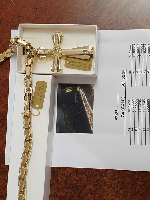 Złoty Łańcuch-127gr+KRZYŻ Z DIAMENTAMI-32szt-Złoty łańcuszek męski 585