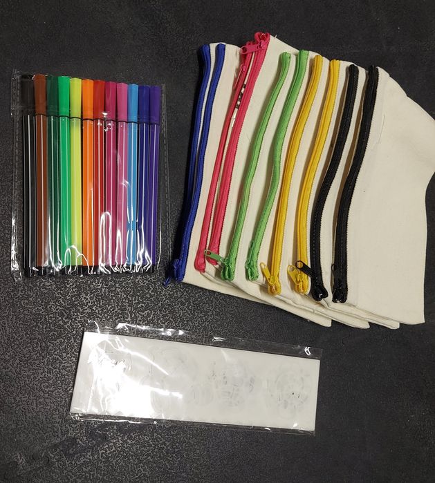 10 piórników piórnik z płótna + pisaki + szablony super gadżet