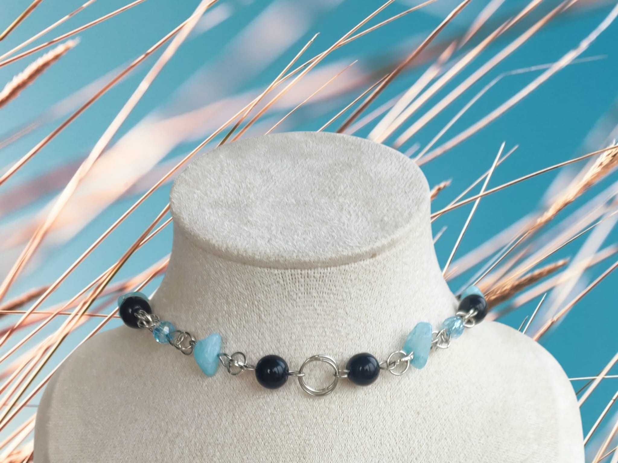Choker Naszyjnik Akwamaryn, Stal Chirurgiczna 304, Koraliki Szklane