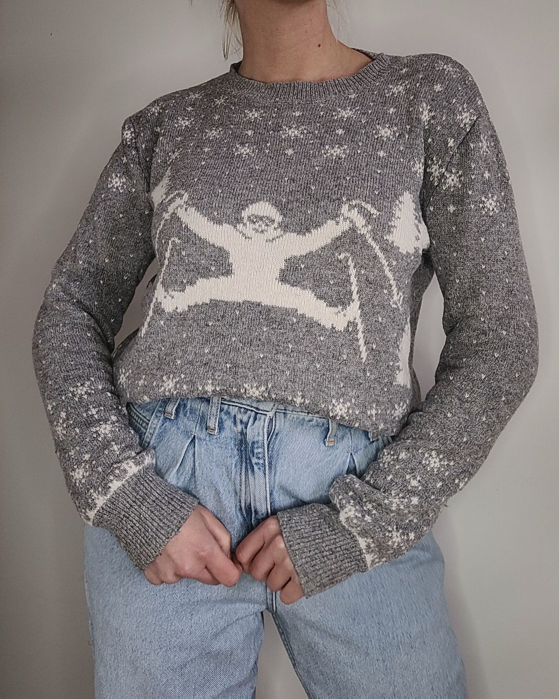 Szary sweter z narciarzem norweskie wzory bawełna alpaka H&M