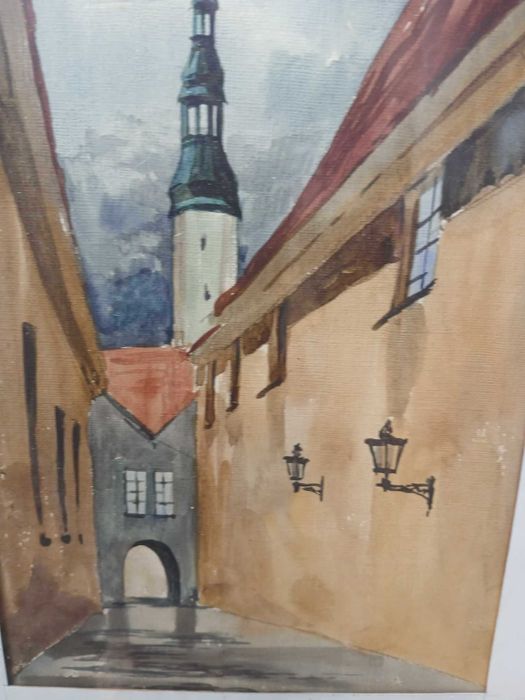 Obraz malowany AKWARELA "Piękny zaułek z wieżą kościelną"w ramie 27x33