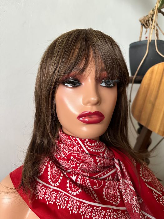 Peruka 100% włosy naturalne brąz z balejażem ludzkie włosy grzywka