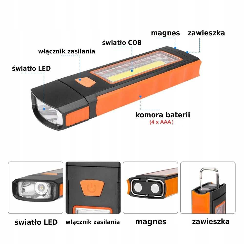 Latarka Robocza Warsztatowa Lampa LED COB Turystyczna