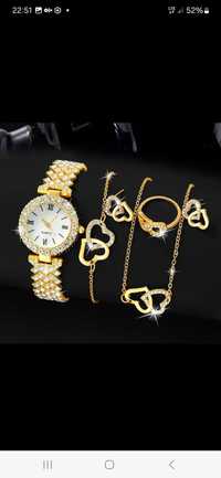 Nowy komplet biżuterii damskiej zestaw złoty serca zegarek