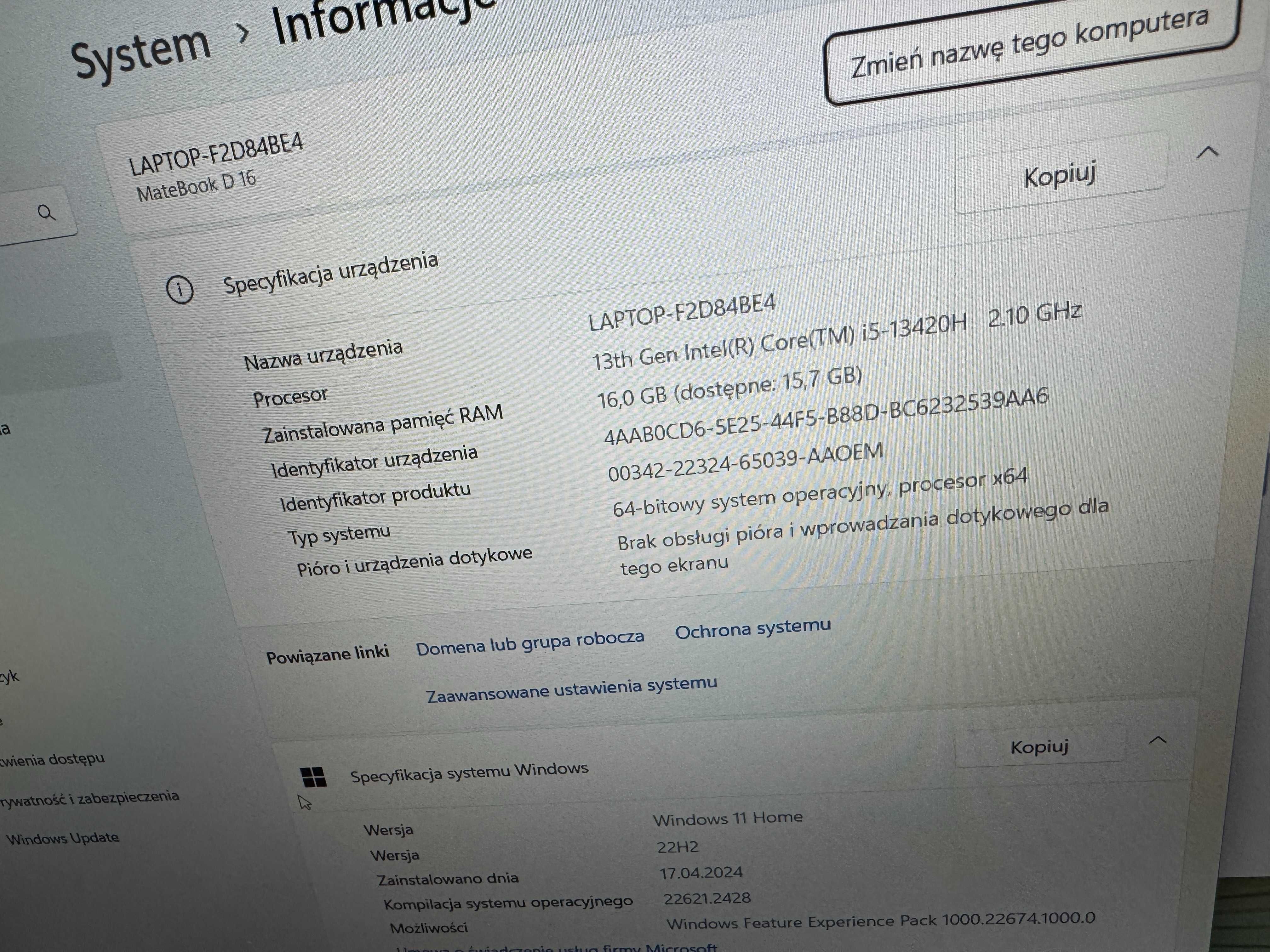 Laptop Huawei MateBook D16, 16GB RAM, 1TB SSD, Intel i5, Windows 11