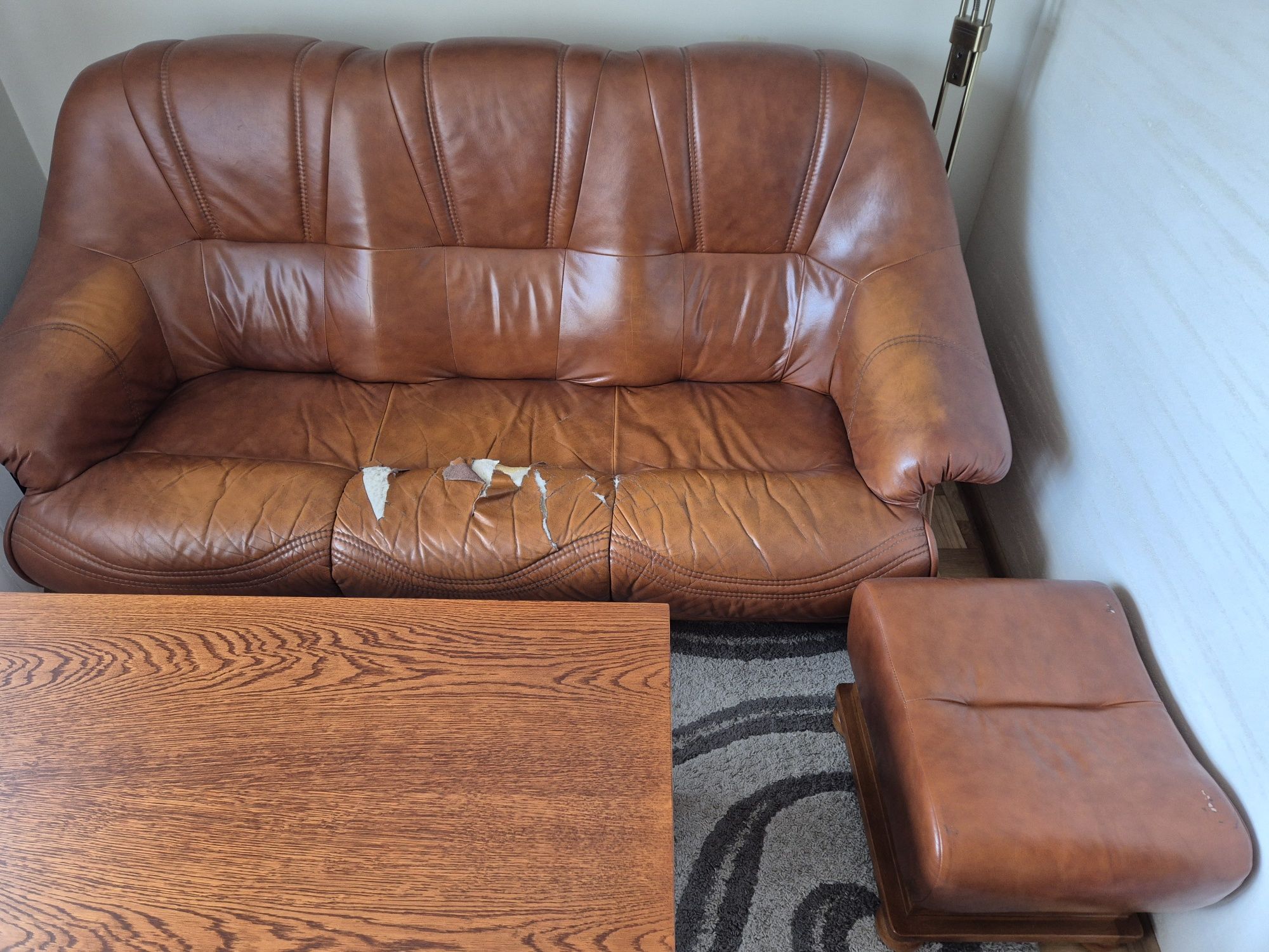 Skórzana sofa/kanapa, fotel i podnóżek