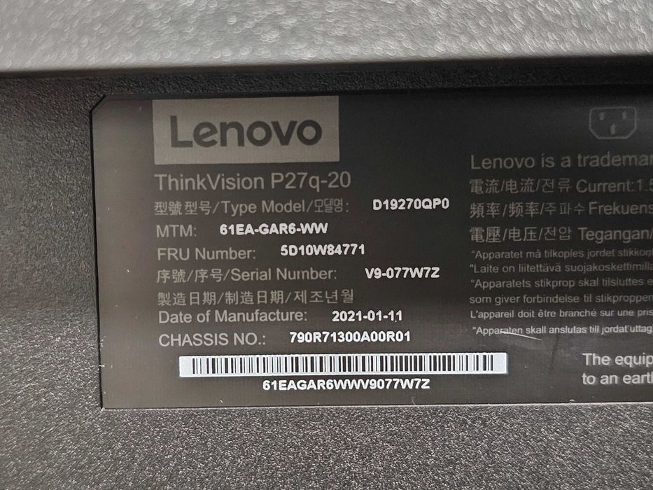 Monitor 2K, 27' LENOVO P27q-20, 2560x1440 IPS + kabel HDMI. Wysyłka!