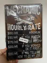 Decoração - Placa de Metal "Mechanic Hourly Rate" - Nova, Selada