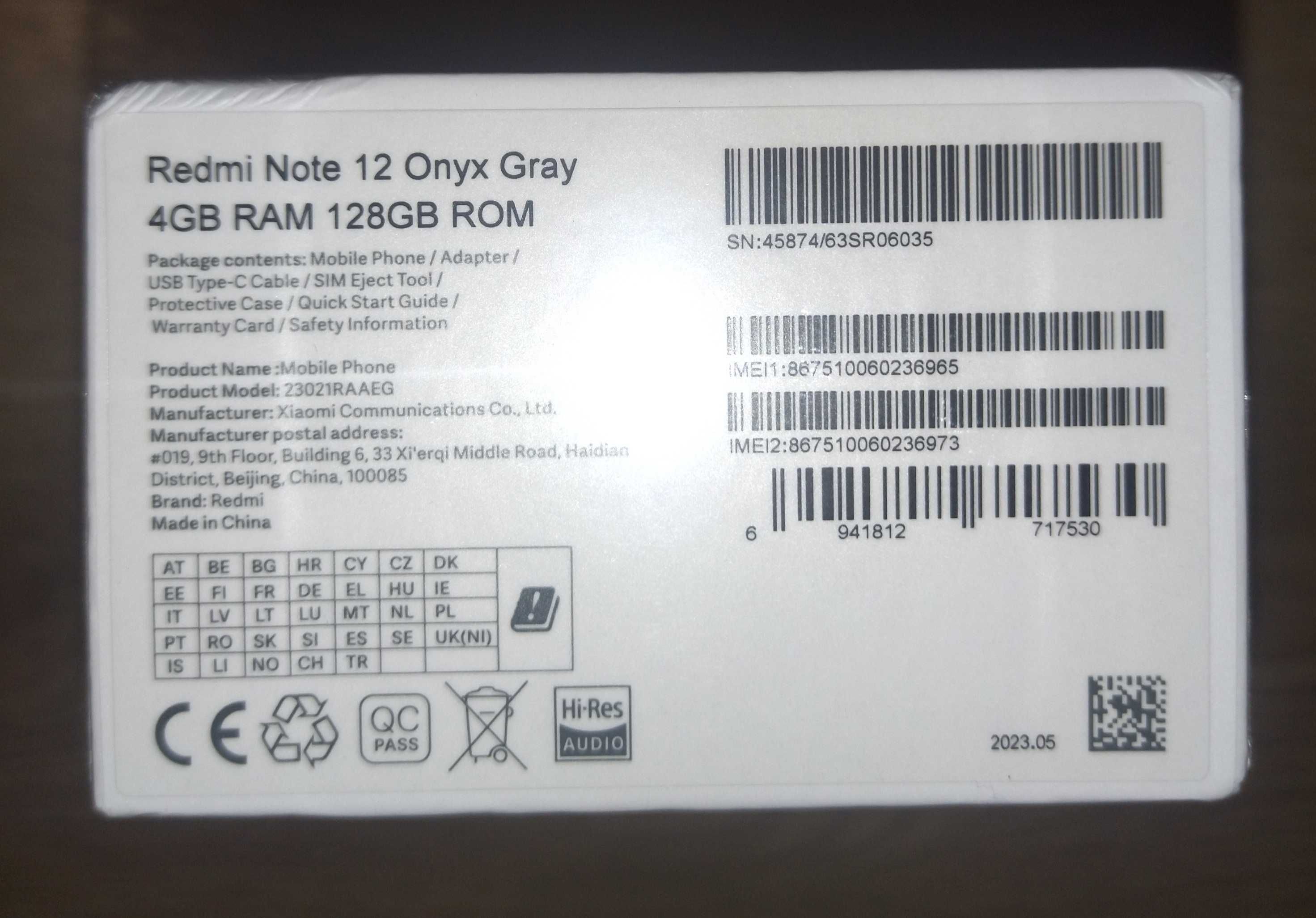 Смартфон Xiaomi Redmi Note 12 Onyx Gray 4/128 Gb