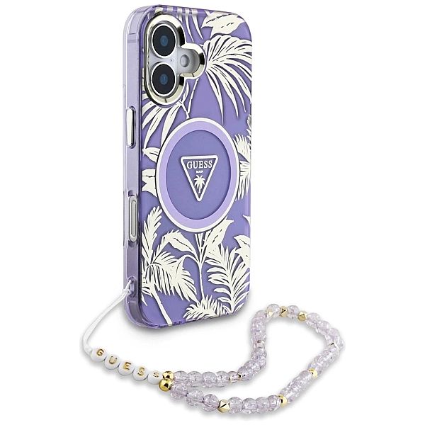 Etui Guess Palm Trees Triangle Pearl Strap MagSafe do iPhone 16 fiolet