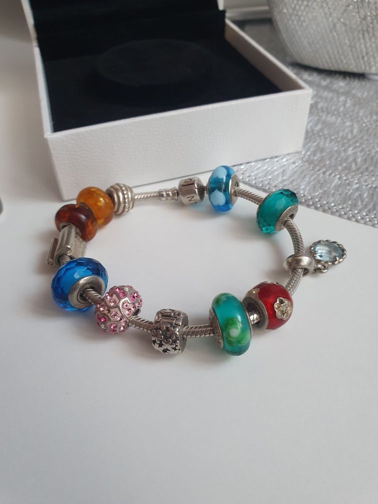 Bransoletka 19cm Pandora z charmsami + 12 sztuk charms z pudełkiem