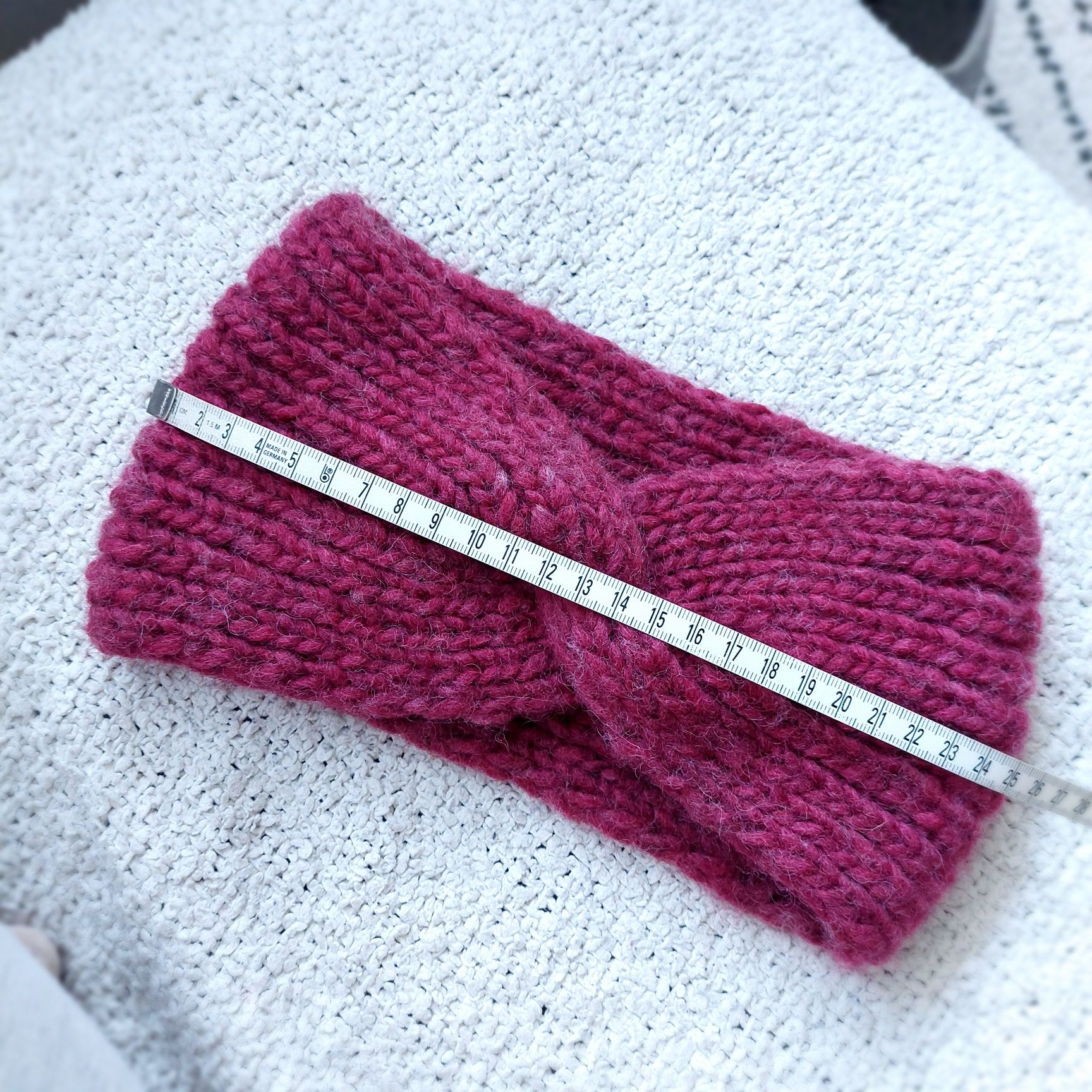 Opaska ręcznie robiona na drutach handmade rękodzieło 100% wełna bordo