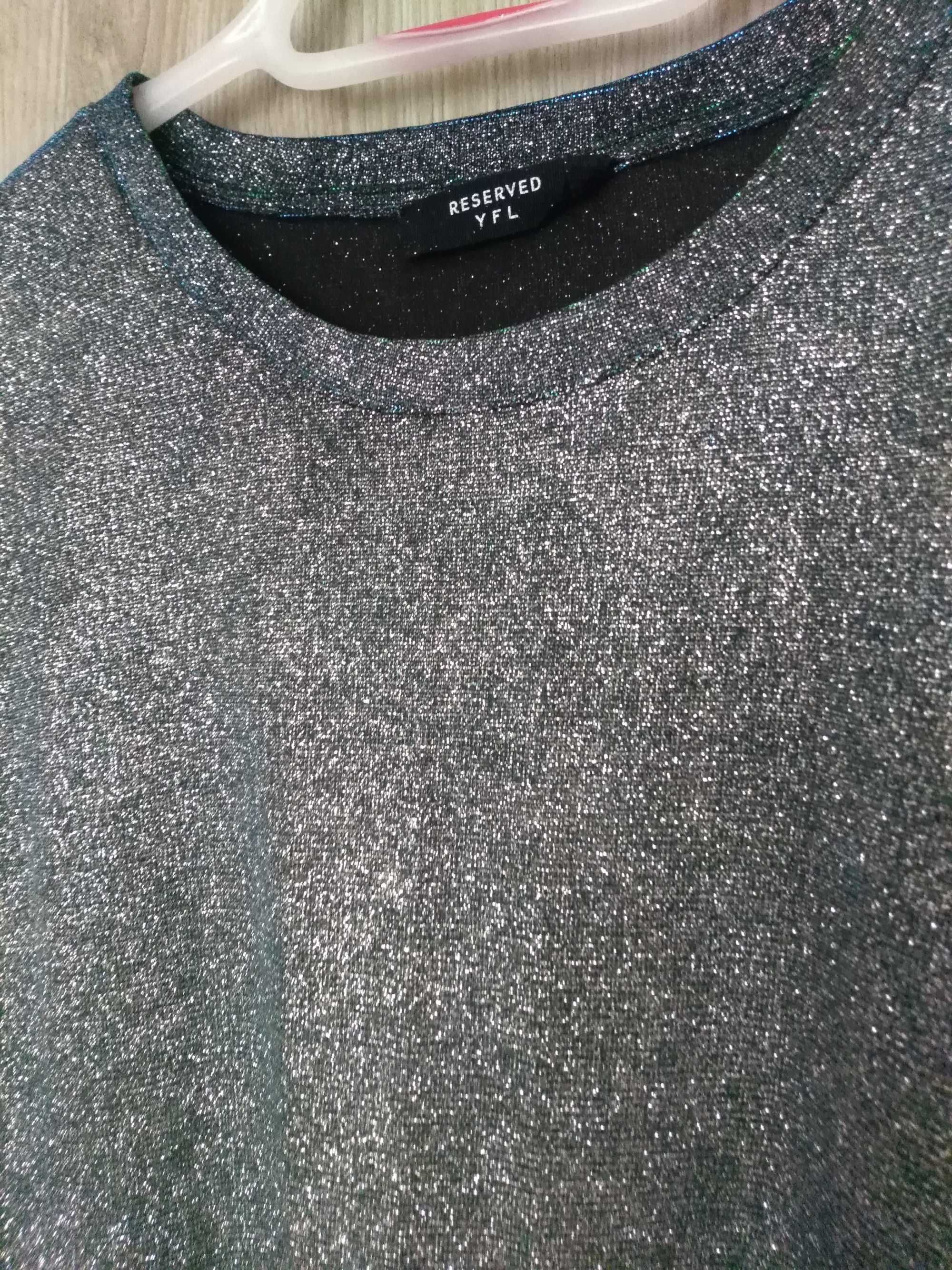 Reserved S brokatowa bluzka t-shirt oversize kolor srebrno turkusowy