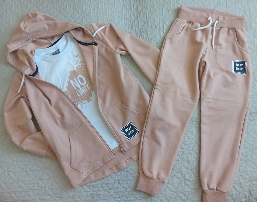 Bam Bam Dres Beżowy 3 częściowy KOMPLET Boy 128 NOWY