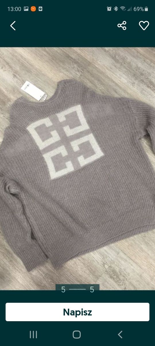 Sweter minouu moherowe love nowy szaro beżowy z śmietanowym GG