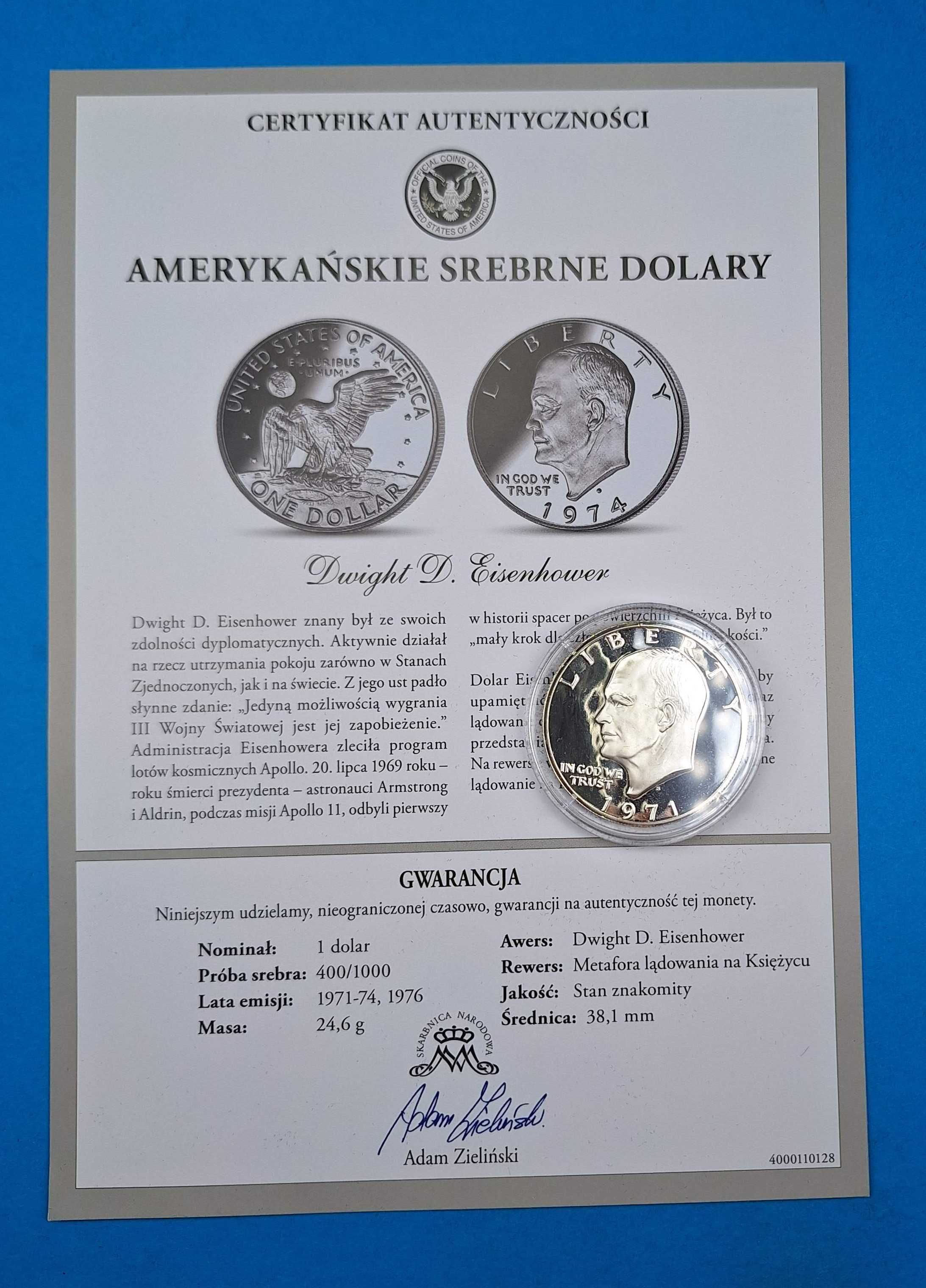 USA 1 dolar 1971, Srebrny dolar Eisenhowera, CERTYFIKAT, srebro 0,400