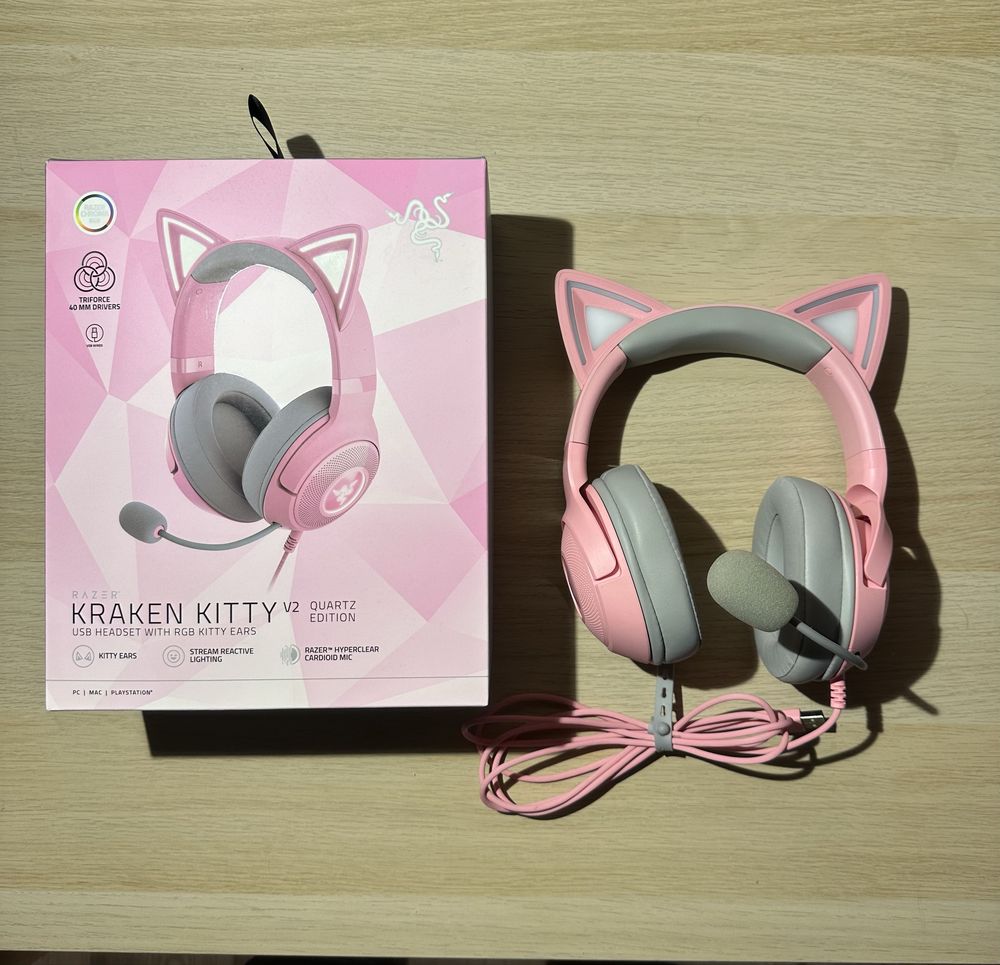 Słuchawki przewodowe z mikrofonem Razer Kraken Kitty V2 Quartz Nauszne