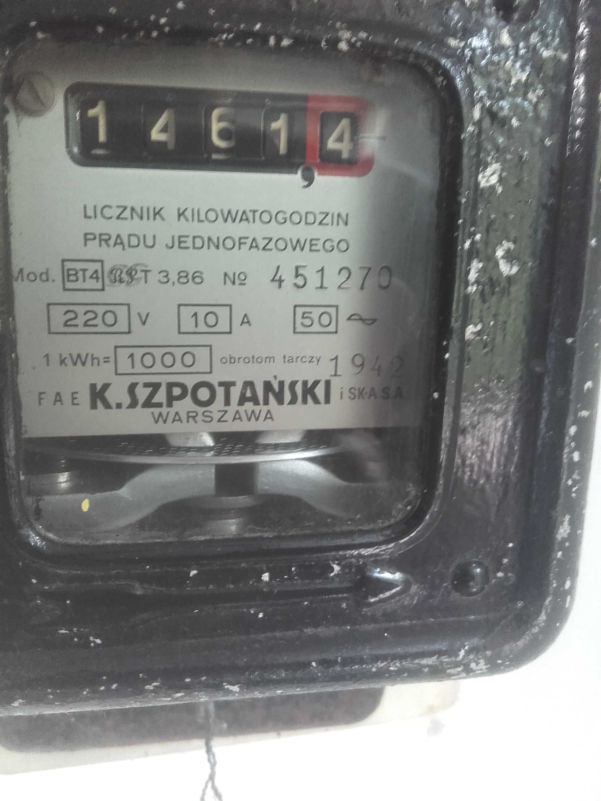 Warszawa SZPOTAŃSKI Licznik elektryczny 1942