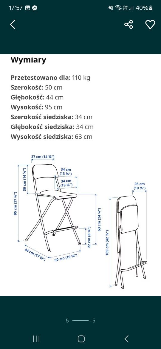 Krzesła Franklin Ikea składane barowe nowe