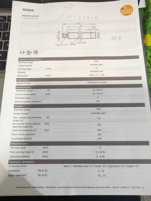 Sensor indutivo 18mm  pnp 24vdc IFM
