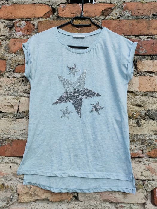 Błękitna koszulka na lato bluzka t-shirt w gwiazdki bawełniana bawełna