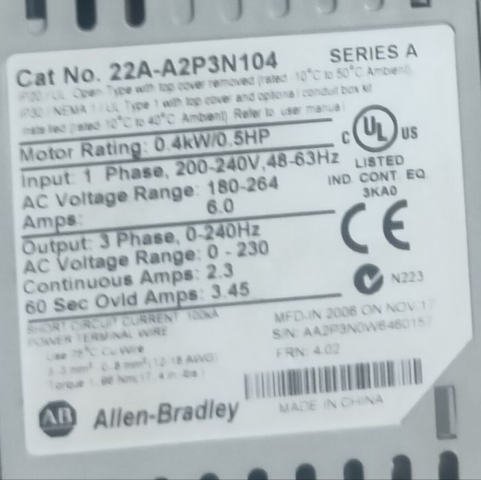Частотний перетворювач Allen Bradley 22A-A2P3N104