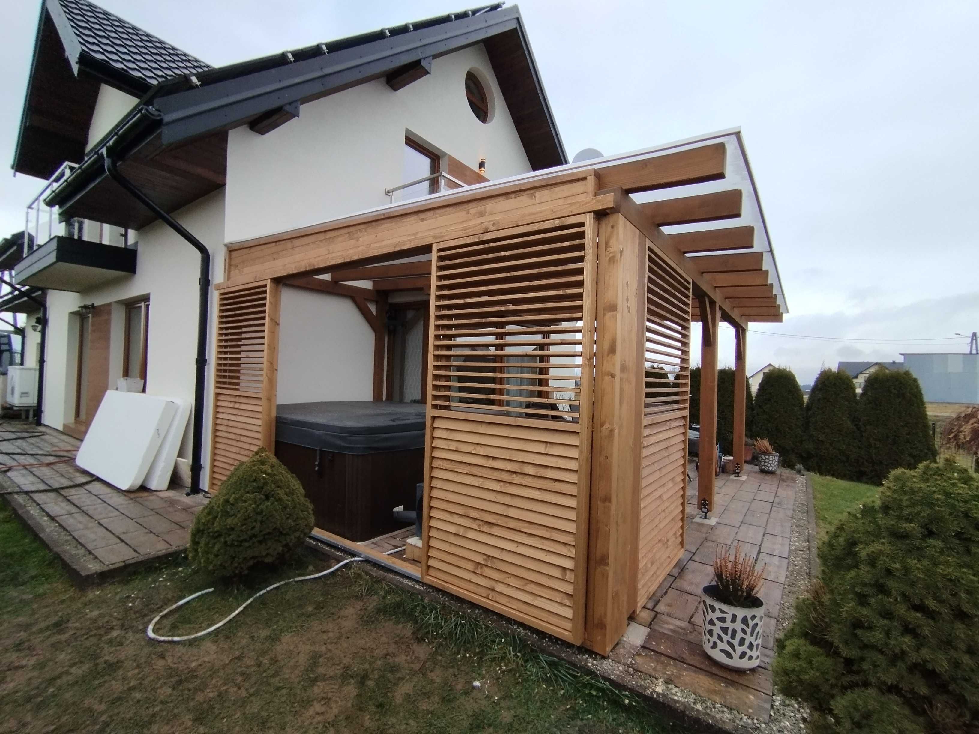 konstrukcje tarasowe , zabudowa żaluzjami z drewna , krycie poliwęglan
