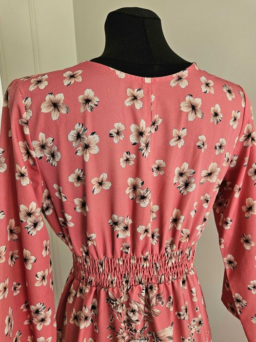 Sukienka midi różowa beżowe kwiaty L XL