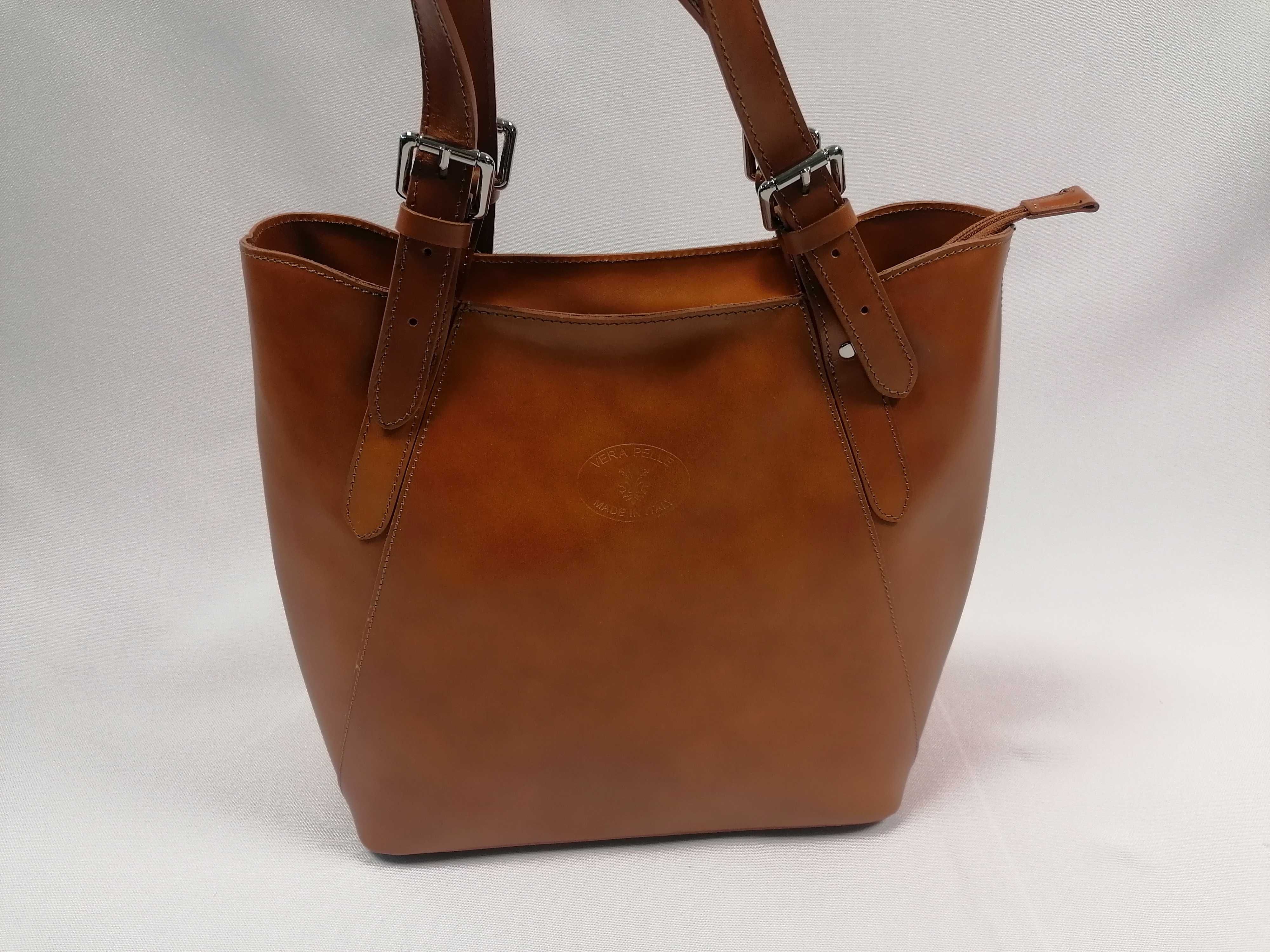Nowa włoska skórzana torebka Vera Pelle shopper A4 Camel