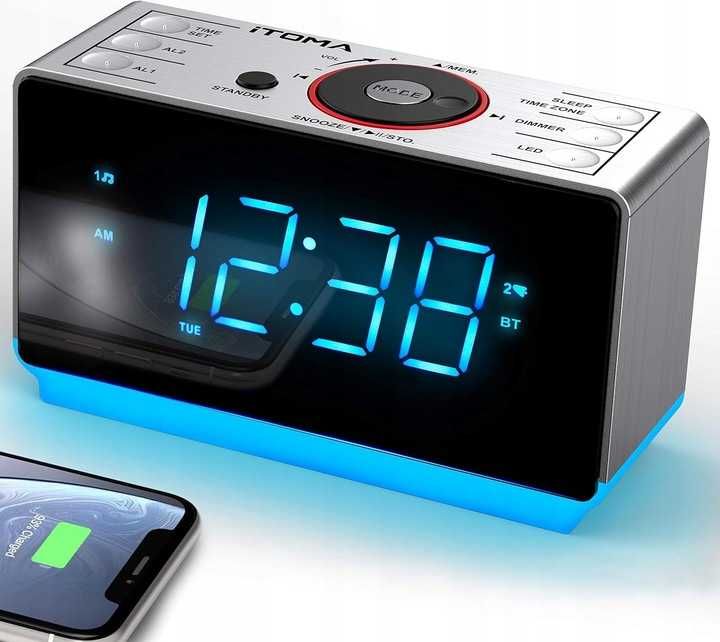Radiobudzik iTOMA z Bluetooth radiem FM lampką nocną i ładowaniem USB