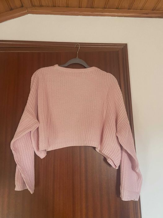 Camisola de malha cropped rosa
