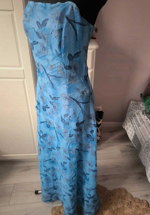 Niebieska sukienka do ziemi, sukienka bez ramiączek, r. M-XL