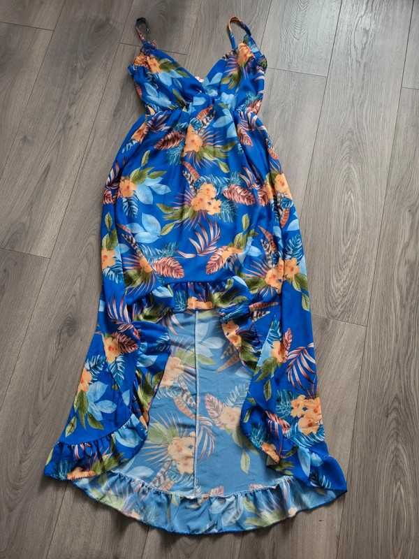 Nowa 40 L sukienka letnia chaber w kwiaty falbany asymetryczna