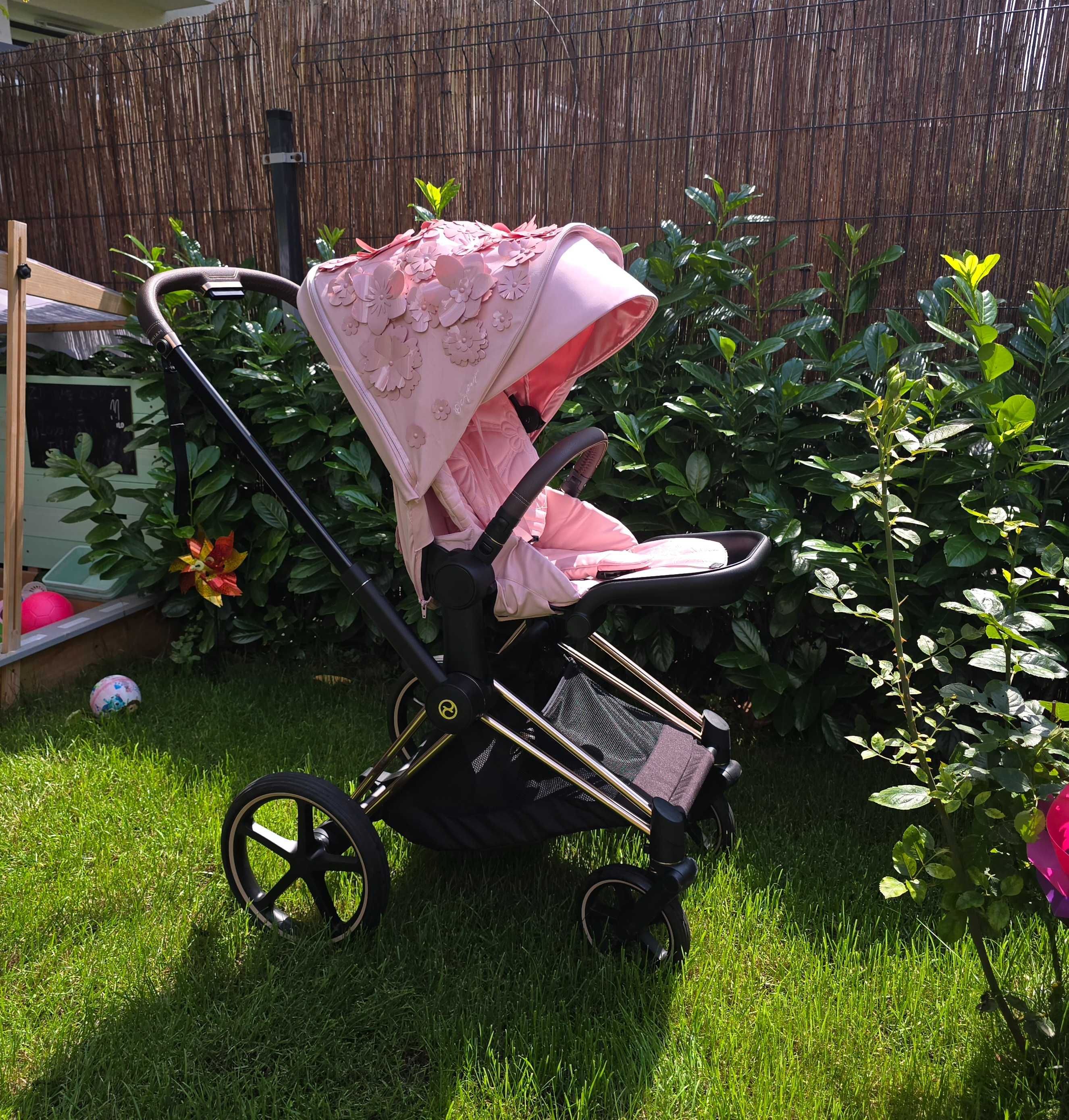 Cybex PRIAM 4.0. BIAŁA gondola, RÓŻOWA spacerówka, nosidło + dodatki.