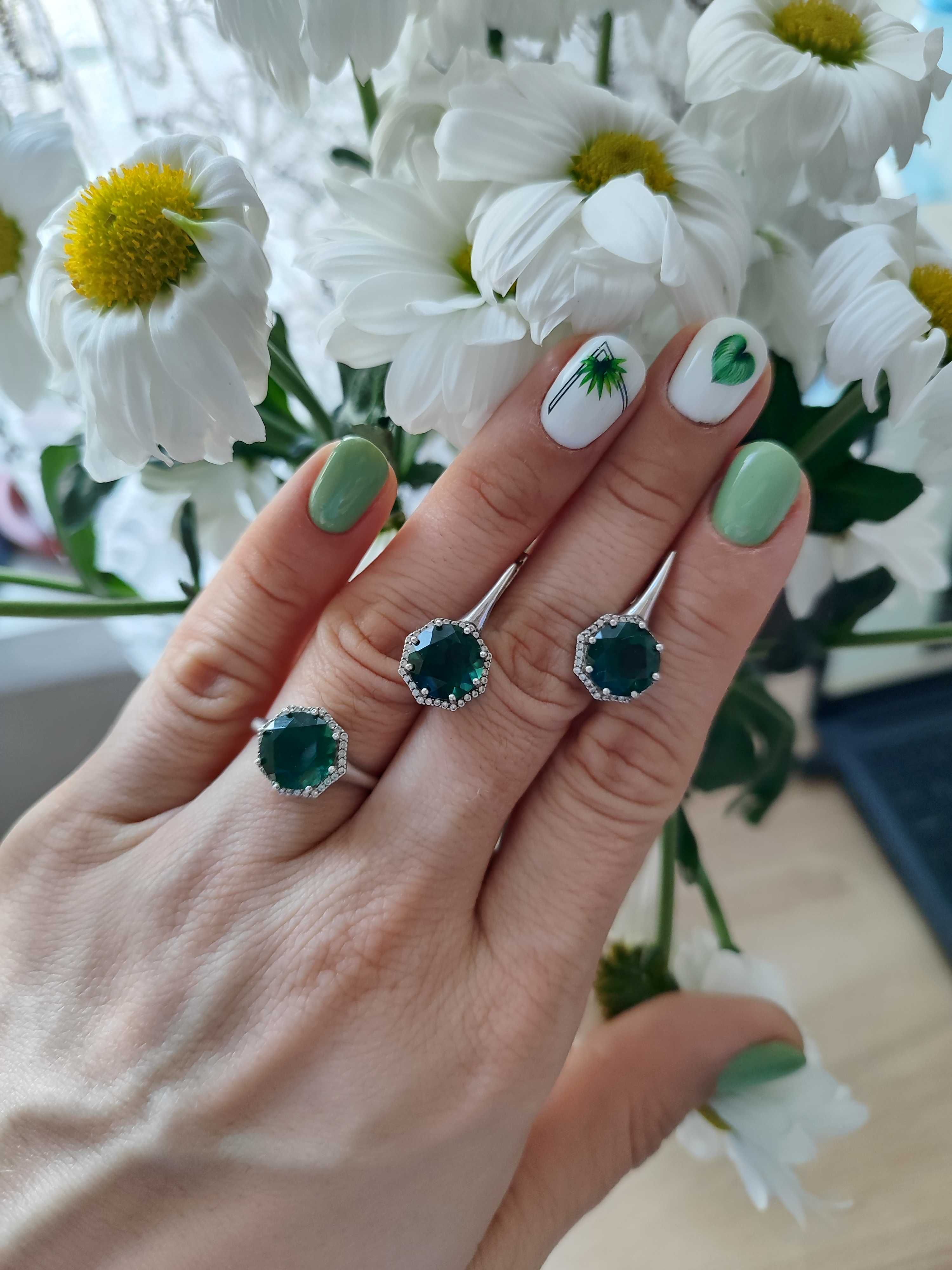 Перстень та сережки з зеленим кварцом і фіанітами, срібло 925 проби