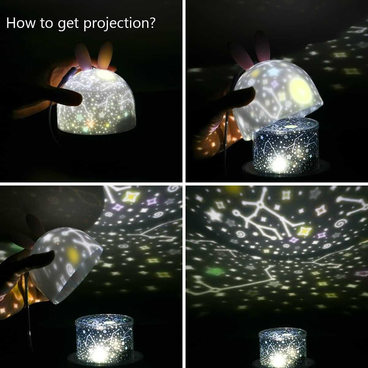 Lampka nocna królik projektor gwiaździstego nieba 360° pilot timer LED