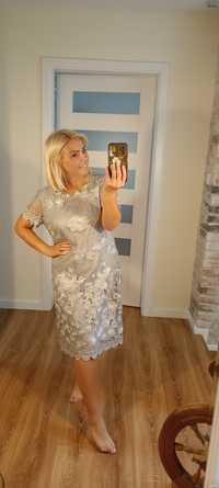 Śliczna sukienka srebrno szara gipiura wesela imprezy