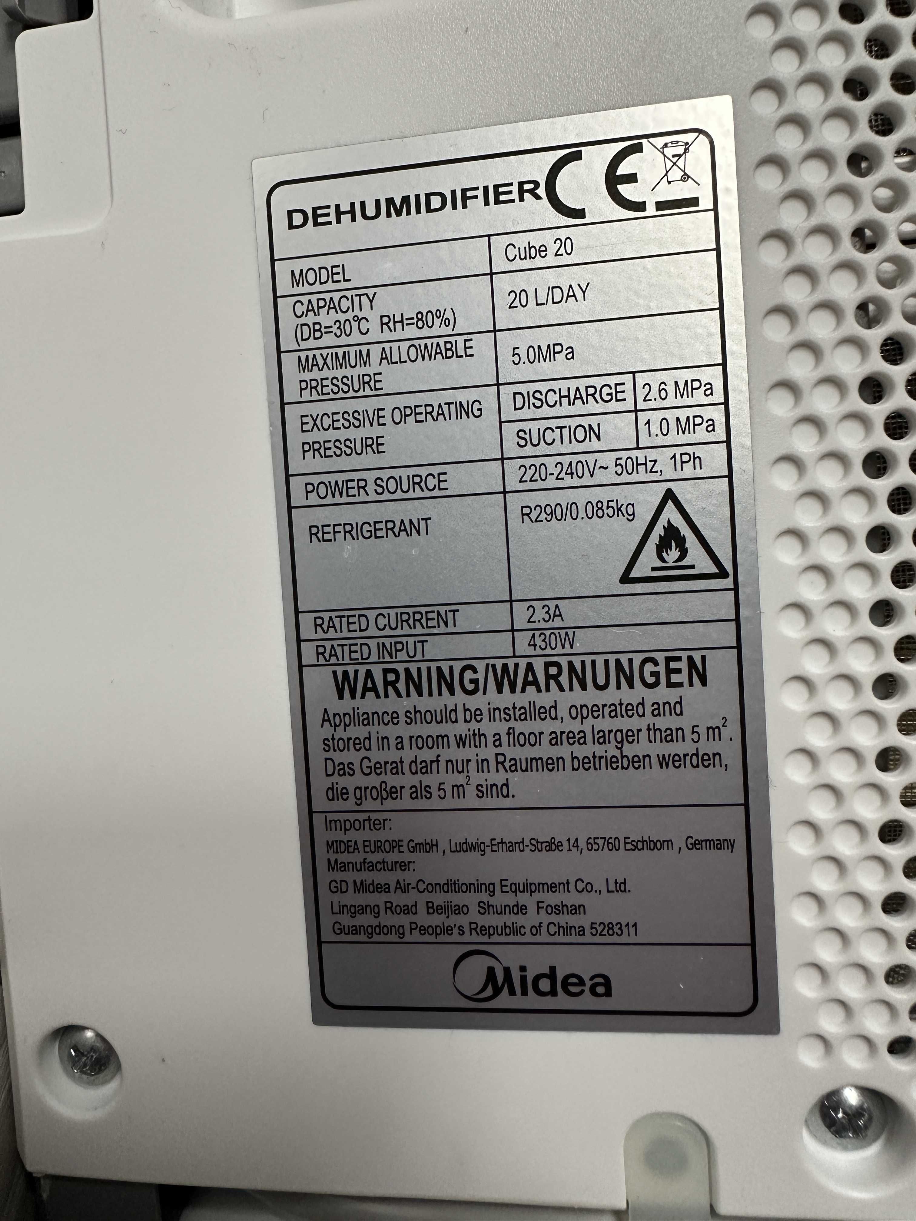 Midea Cube 20 osuszacz powietrza, 20 l/24 h, 40 m2 wifi pojemnik 12 l