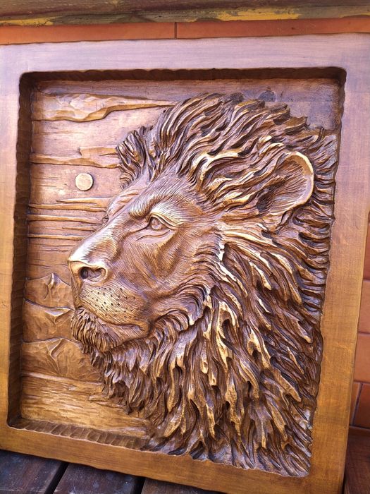 Картини різьба по дереву лев вовк лисиця панно декор бані  арт