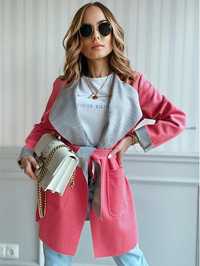 płaszcz flauszowy wiązany szlafrokowy różowy szary M