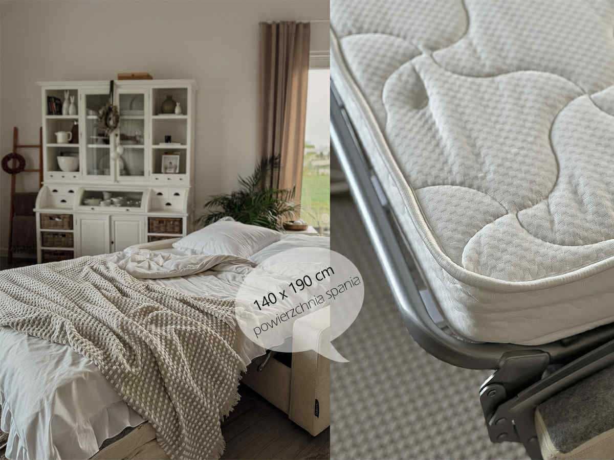 Beżowa sofa rozkładana z materacem