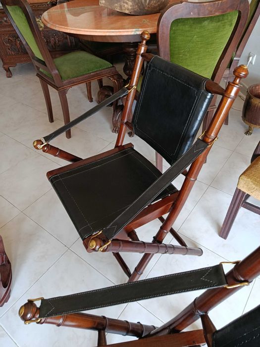 Cadeiras Dobráveis Madeira Pele Couro Vintage Antigas