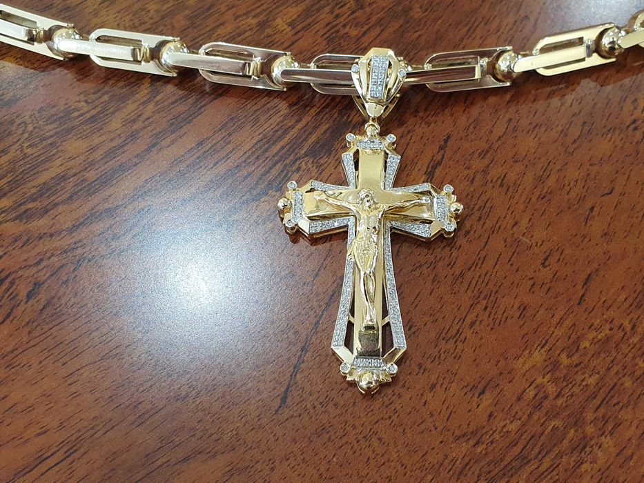 Złoty Łańcuch-128gr+KRZYŻ Z DIAMENTAMI-158 szt. - 0,80 ct.- próba 585.