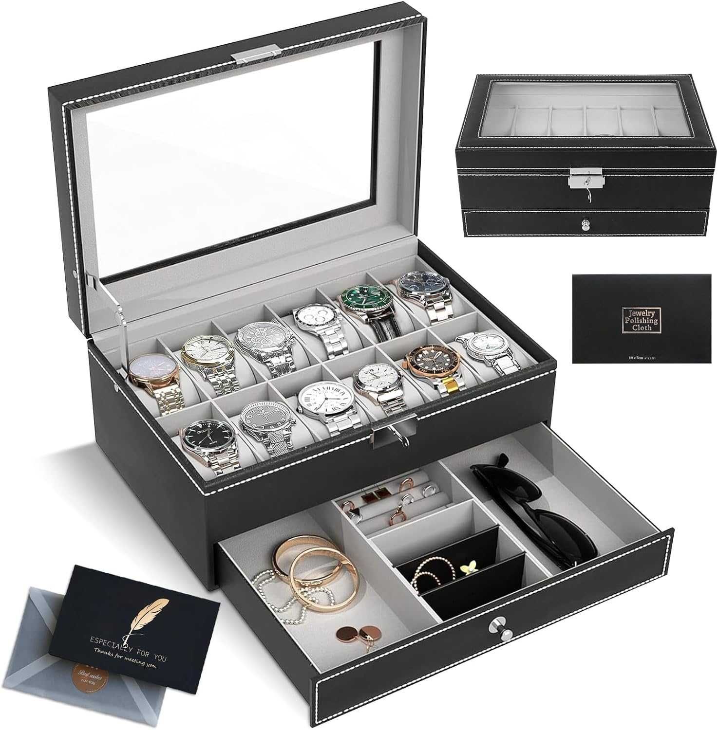 Pudełko na zegarki SAMISO, 2-poziomowe etui biżuteria 12 przegródek