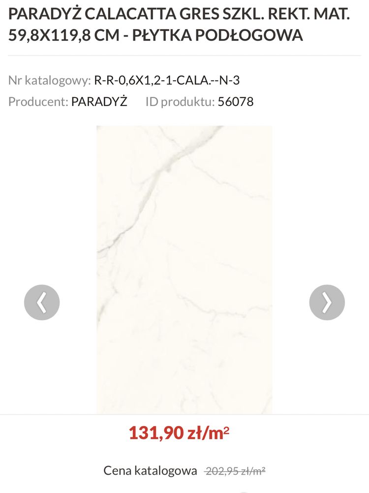 Paradyż Calacatta Gres Szkl. Rekt. Mat. Płyta płytka podłogowa
