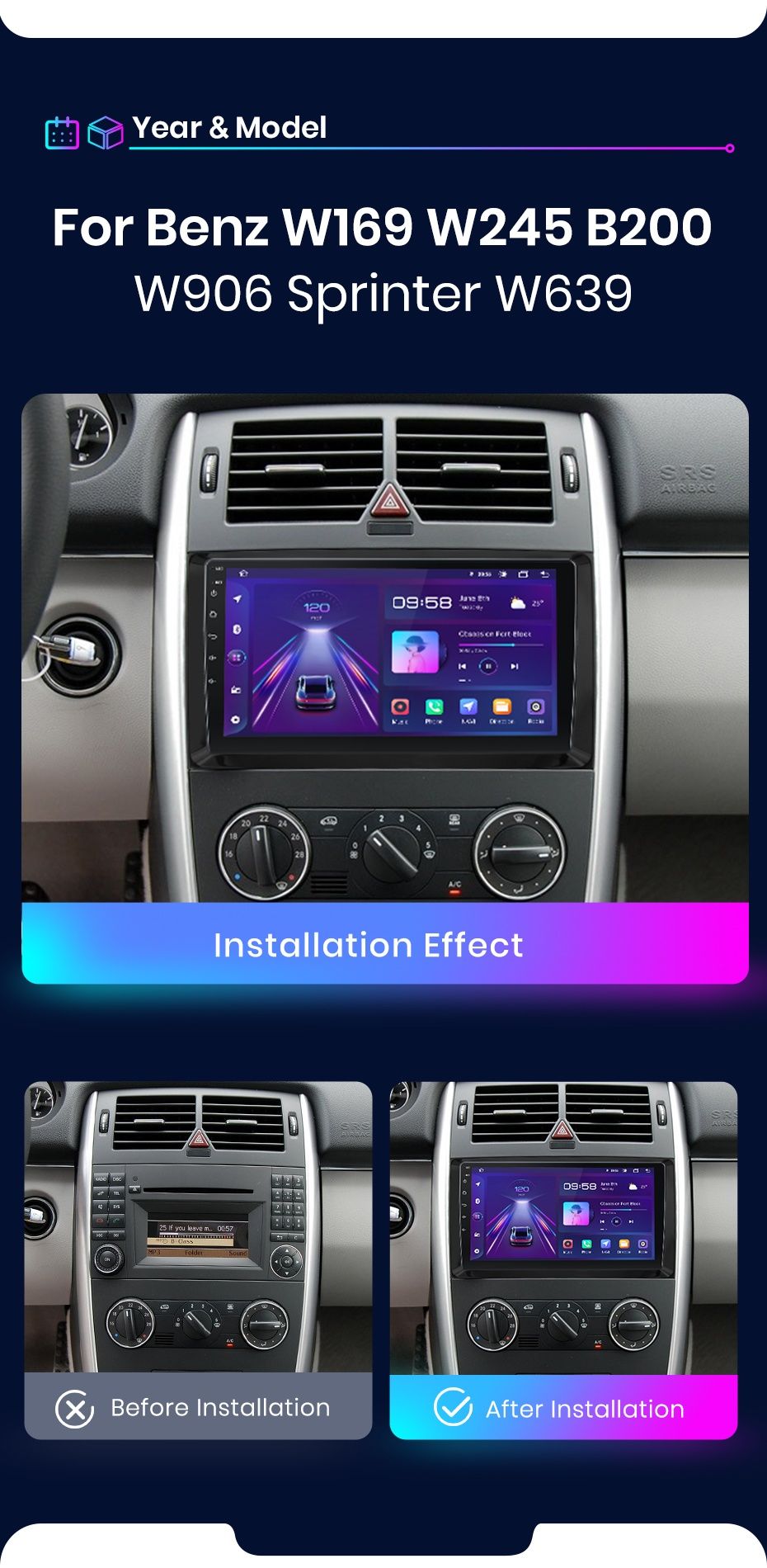 Rádio 9" android Mercedes Vito Sprinter B200 CARPLAY WIFI GPS 2/32GB