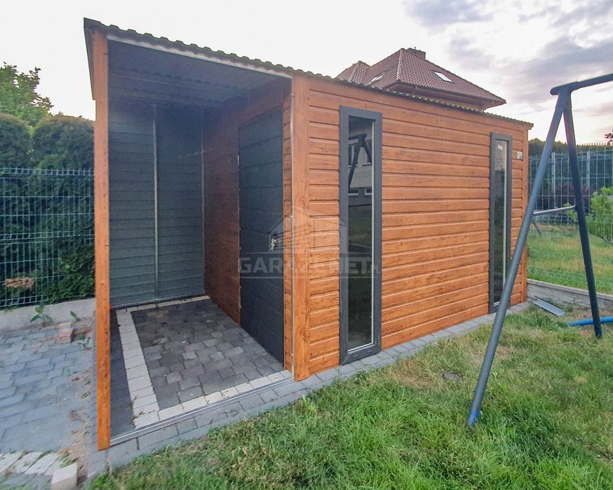 Domek Ogrodowy 2,5X2M + Wiata Drewnopodobny Antracyt Spad Przód Ts713