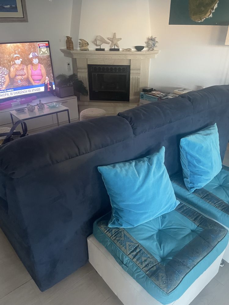 Sofa cama veludo azul 3 lugares 1,90