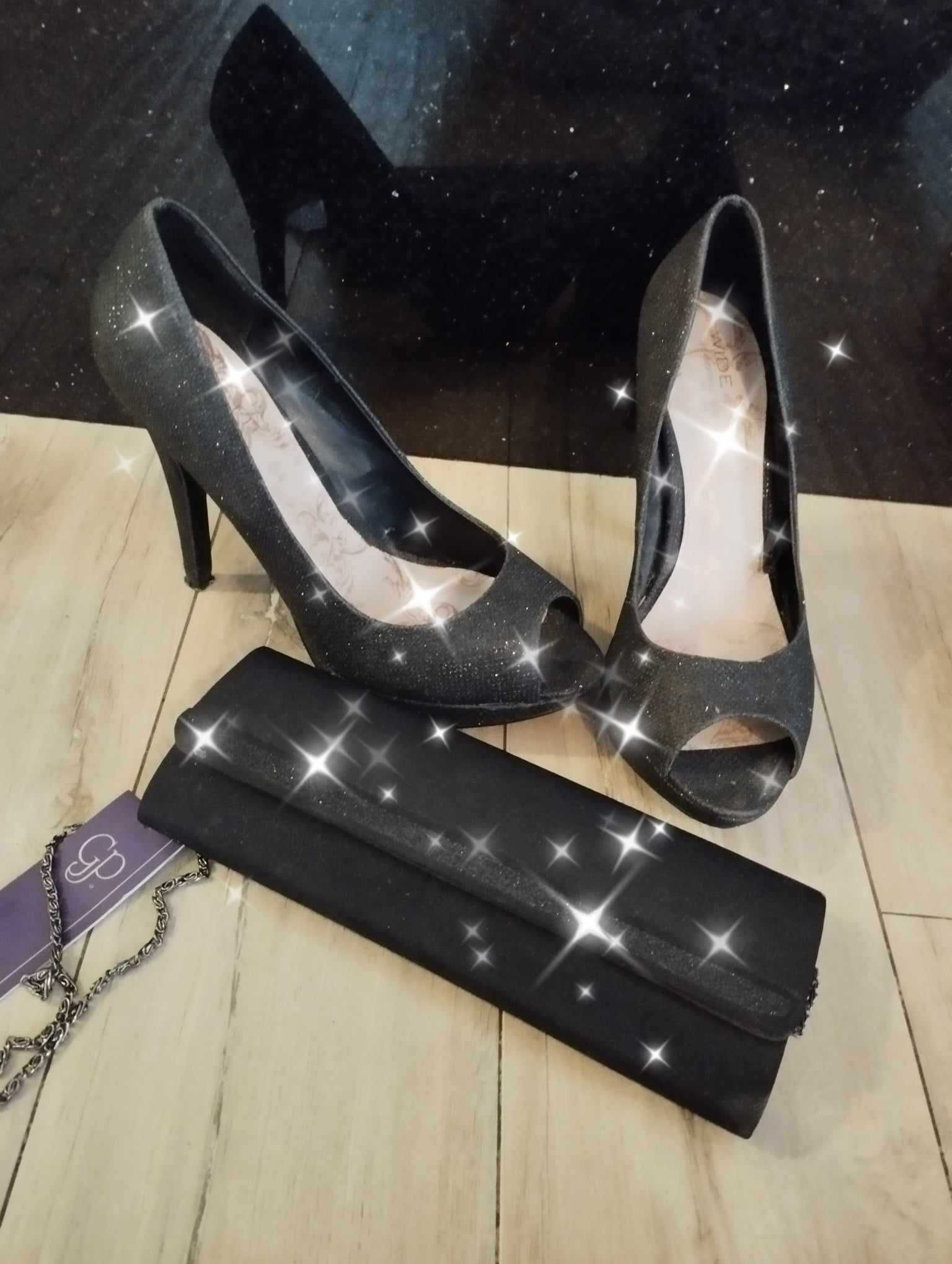 buty szpilki brokat zlote r 38  r 39 czarne torebka